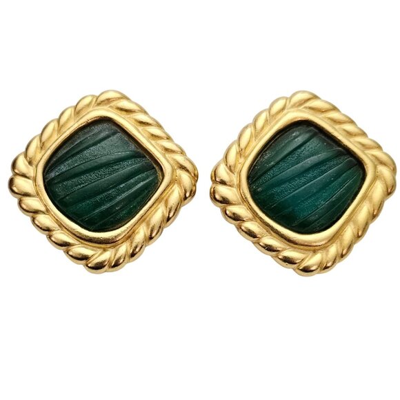 Gold Tone Green Lucite Rope Edge Square Clip On Earrings C713